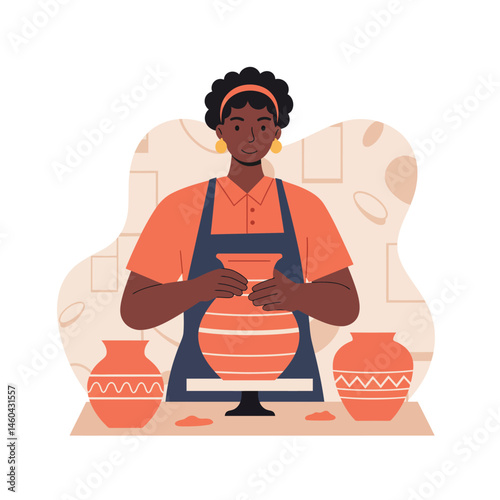 Pottery maker shaping clay vase with apron and focused expression vector illustration 