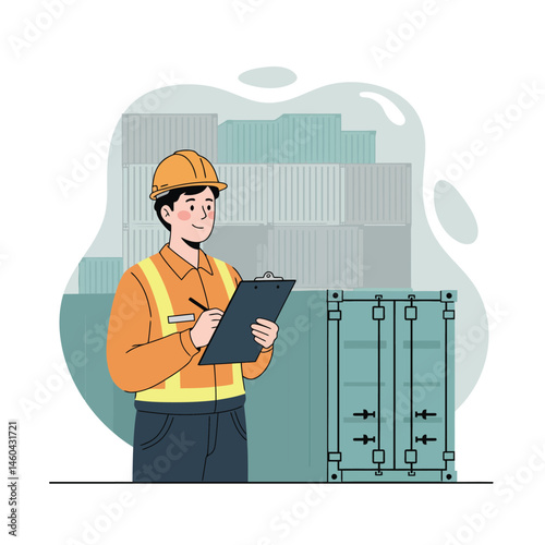 Construction worker inspecting cargo containers with clipboard in industrial shipping yard vector illustration 