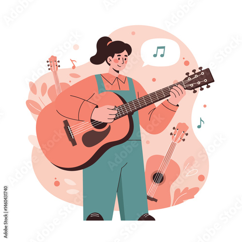 Woman playing acoustic guitar with musical notes and additional guitars in background vector illustration 
