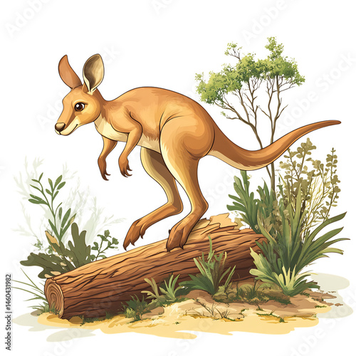 A Cartoon Kangaroo Standing on a Log Isolated on Transparent Background