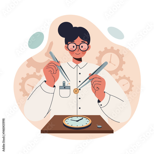 Female watchmaker repairing wristwatch with tools and gears in background vector illustration 