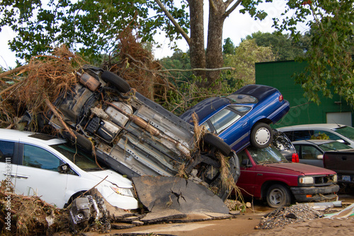Piled Up Cars Wrecked by Hurricane Helene