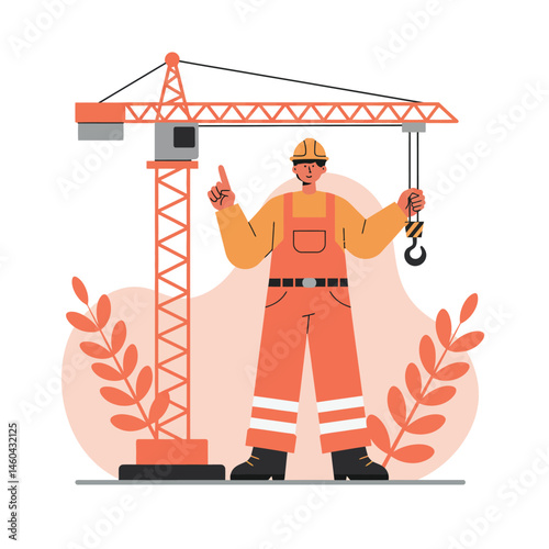 Construction worker with crane and safety helmet in orange uniform standing in front of industrial equipment vector illustration 