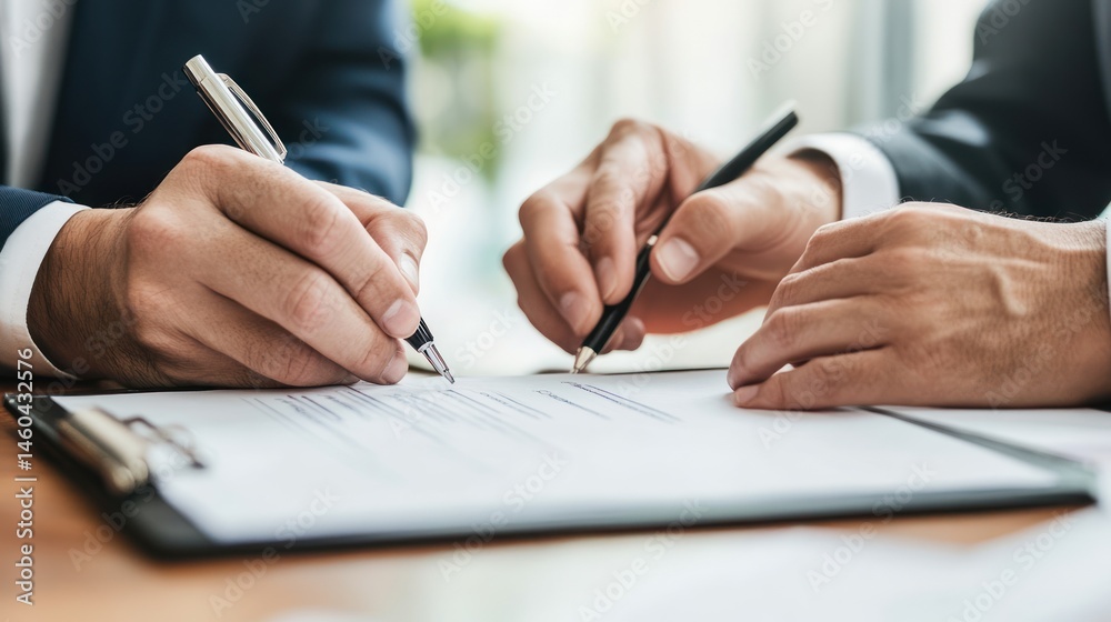 Strategic partnerships two executives finalizing documents together, signing agreements Strategic partnerships two executives finalizing documents together, signing agreements
