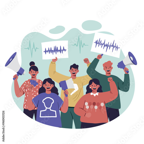 Diverse group of people protesting with megaphones and sound wave signs vector illustration in a social activism concept