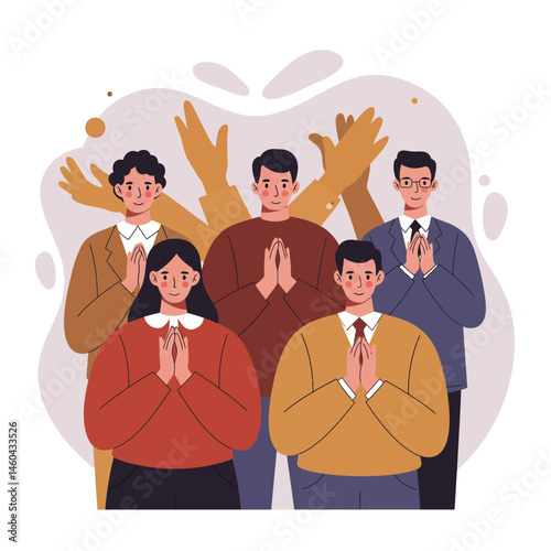 Group of diverse people praying together with hands folded in gratitude and hope vector illustration 