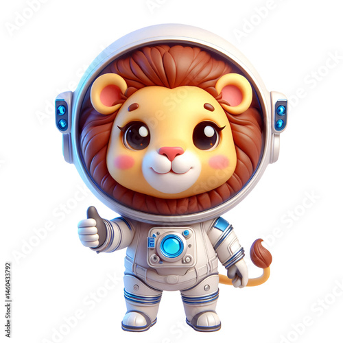 Cute and happy 3d lion astronaut isolated on white background, digital art