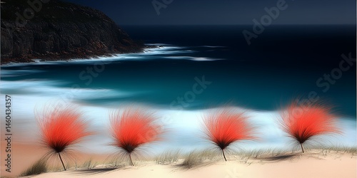 Serene Coastal Scene Four Red Plants on Sandy Beach near Ocean Cliff