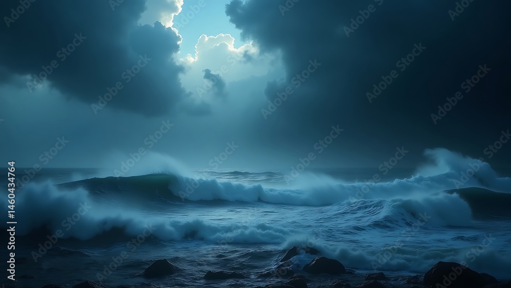 Obraz premium Ocean Waves Crashing Under Dramatic Sky, Coastal Scene