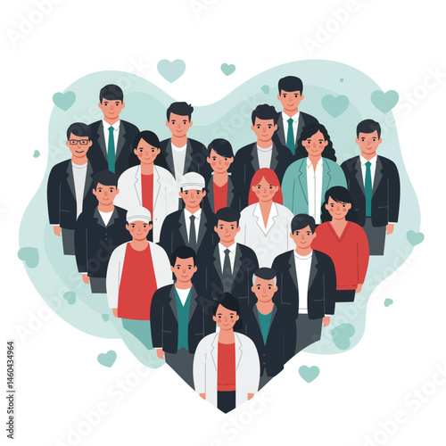 Diverse group of professionals standing together inside a heart shape symbolizing unity and teamwork vector illustration 