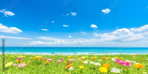 Vibrant Flowers Bloom by the Ocean Under a Sunny Sky A scenic coastal view