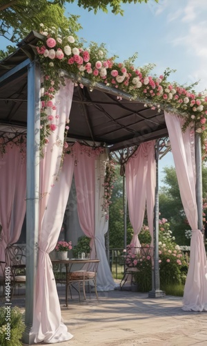 Pink and white floral bunting draped from a metal gazebo  Outdoor setting , arch, celebration, pretty