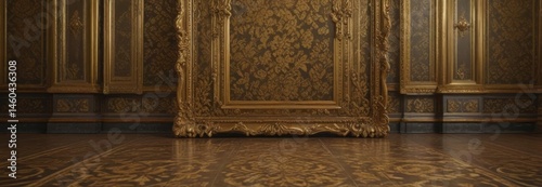 Opulent gold frames adorn rich damask floral fabric on ornate floors , surface texture, surface, decor