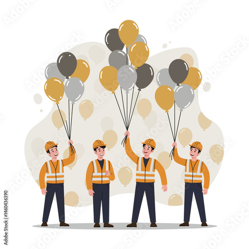 Construction workers holding black gold and gray balloons in safety gear vector illustration 