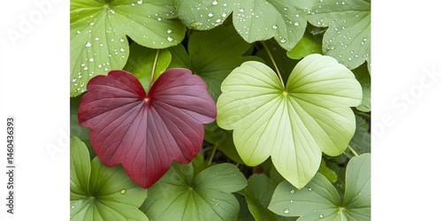 Two Heart Shaped Leaves Contrast in Nature Red and Green Foliage with Dew Drops