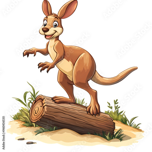 A Cartoon Kangaroo Hopping Over a Fallen Log Isolated on Transparent Background