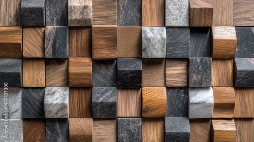 Exquisite wood and grey marble mosaic tile texture, perfect for modern interiors. 