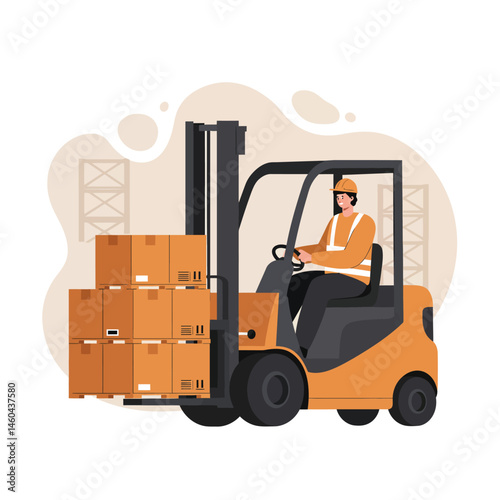 Forklift operator driving orange forklift carrying stacked cardboard boxes in warehouse environment vector illustration 