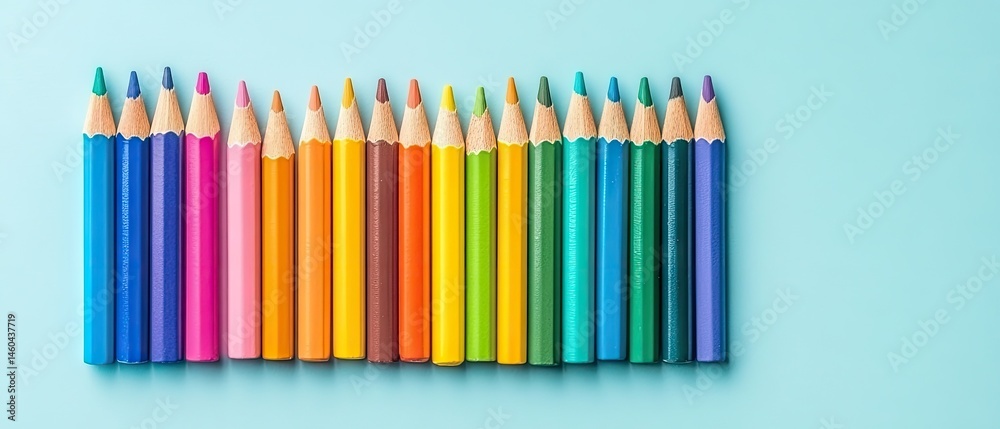 Obraz premium A row of colorful pencils arranged on a blue background. Pencils in various colors, from blue to green