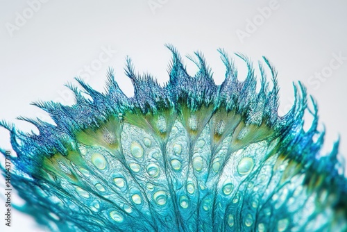 Microscopic image revealing intricate, peacock-like patterns in vibrant teal and green hues.