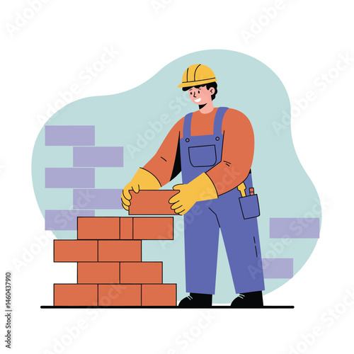 Construction worker building brick wall with gloves and helmet in safety gear vector illustration 
