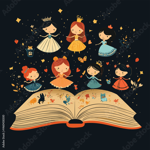 characters of fairytales around an open book, vector style simple color