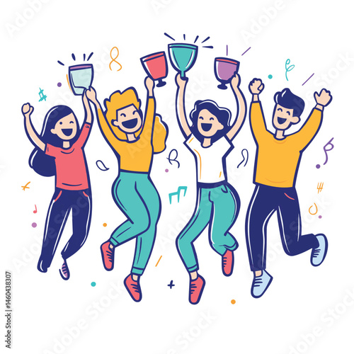 People are jumping merrily with a victory cup in their hands. Set of Vector illustration in a outline style on the theme of the success of teamwork, vector style simple color