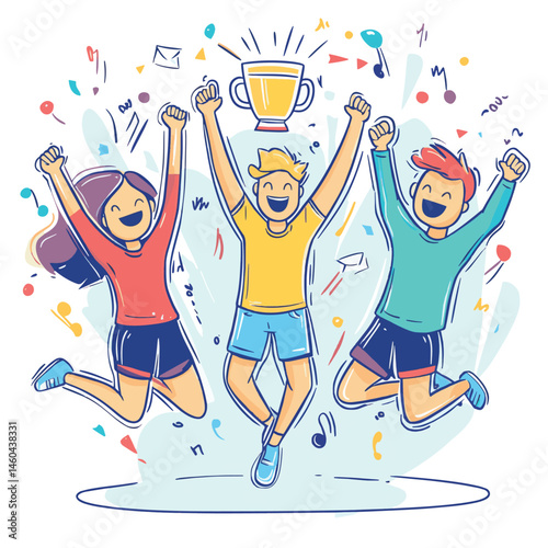 People are jumping merrily with a victory cup in their hands. Set of Vector illustration in a outline style on the theme of the success of teamwork, vector style simple color