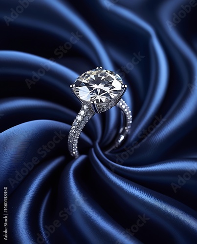 Elegant diamond engagement ring showcased on luxurious blue satin fabric, symbolizing love, commitment, and timeless beauty, perfect for bridal, fashion, and luxury branding


