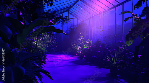 Recycled greenhouse glows purple at dusk, repurposed bottle panels refract light, plants thrive under led, solar sensors, soft music echoes. [Solar Echoes] | Solar Sonics | humming flare. Illustration photo
