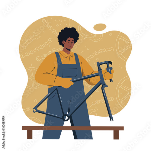 Bicycle mechanic fixing bike frame in workshop with yellow background and dark blue overalls vector illustration 