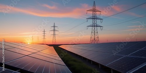 Solar energy panels and electrical transmission towers at sunset, symbolizing the integration of renewable power with grid infrastructure for sustainable energy distribution

