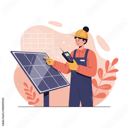 Solar Panel Technician Inspecting Renewable Energy System with Digital Meter Vector Illustration 