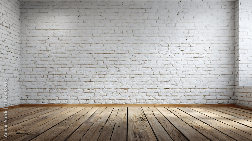 Fototapeta premium Empty room with white bricks wall and wood floor, background for product presentation