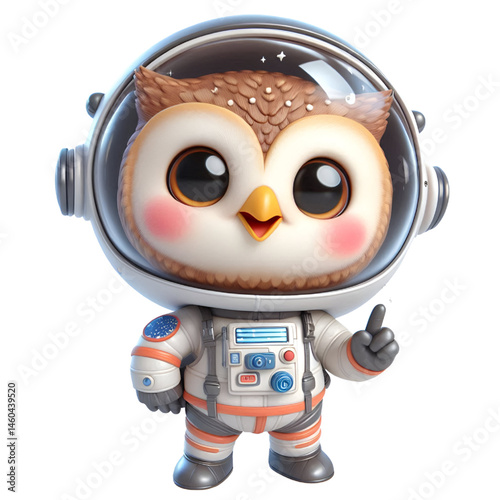 Cute and happy 3d owl astronaut isolated on white background