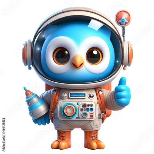 Cute and happy 3d owl astronaut isolated on white background