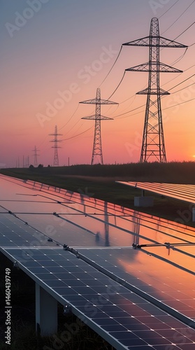 Solar energy panels and electrical transmission towers at sunset, symbolizing the integration of renewable power with grid infrastructure for sustainable energy distribution

