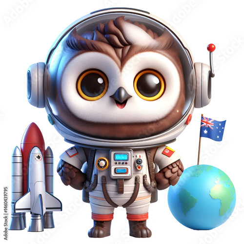Cute and happy 3d owl astronaut isolated on white background