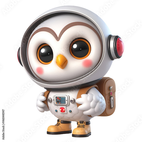 Cute and happy 3d owl astronaut isolated on white background
