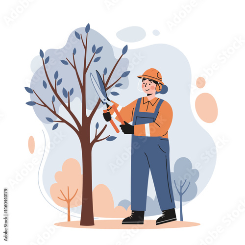 Gardener pruning tree with shears in autumn landscape with blue and orange tones vector illustration 