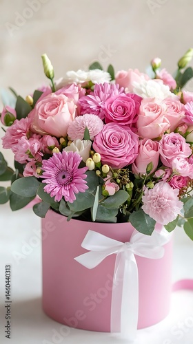 Wallpaper Mural Roses, chrysanthemums, and pink gift box on white table. Floral and gift concept Torontodigital.ca