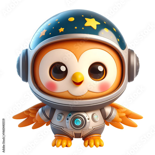 Cute and happy 3d owl astronaut isolated on white background