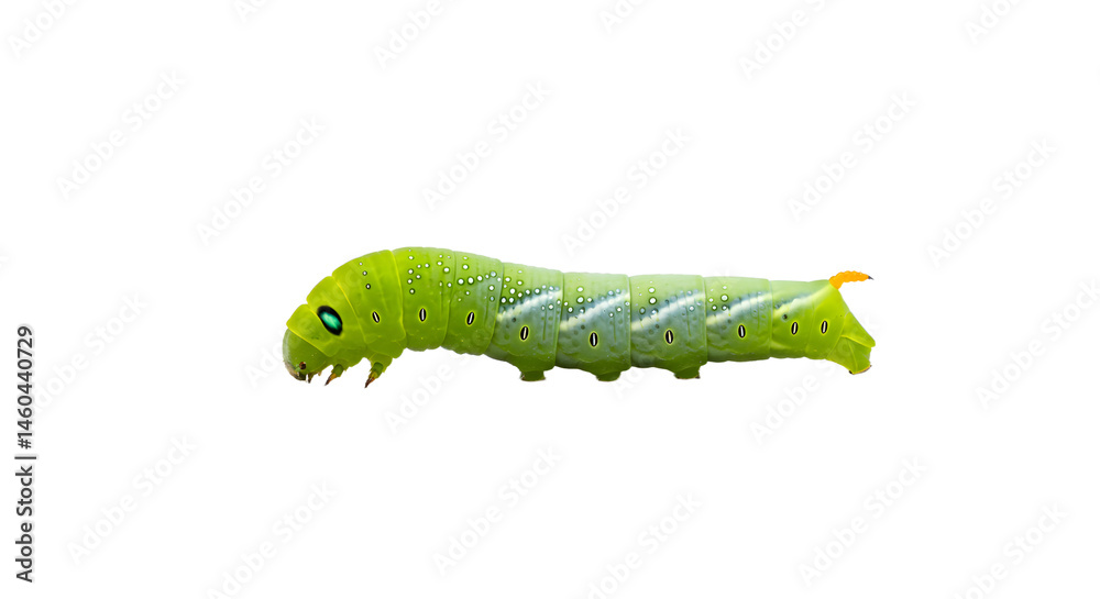 Obraz premium A vibrant green caterpillar crawling on a leaf, showcasing its intricate patterns against a blurred natural background