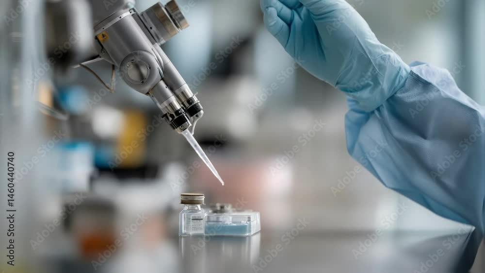 A closeup of a robotic arm performing delicate pipetting motions in a cleanroom representing automation in biotech research.