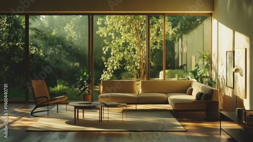 Sunlit interior with expansive windows overlooking a lush garden view