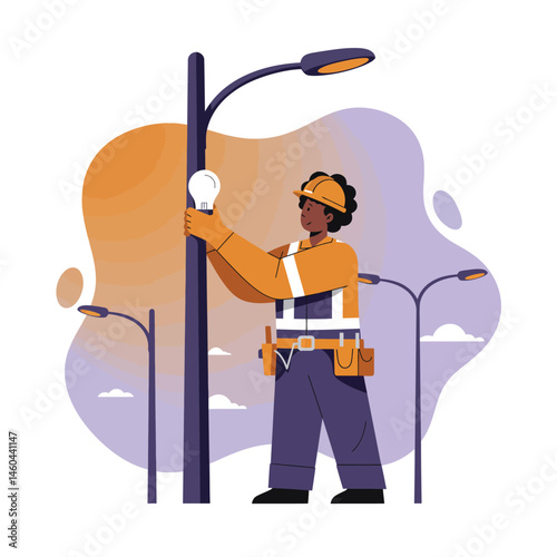 Electrician replacing light bulb on street lamp post in urban area vector illustration 