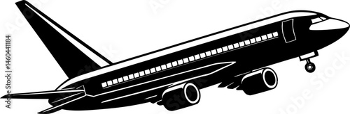 A black silhouette illustration of a passenger airplane taking off or ascending.