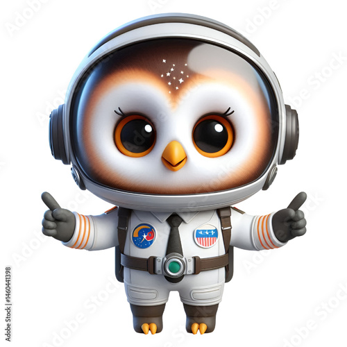 Cute and happy 3d owl astronaut isolated on white background