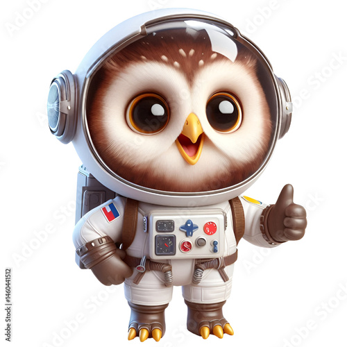 Cute and happy 3d owl astronaut isolated on white background
