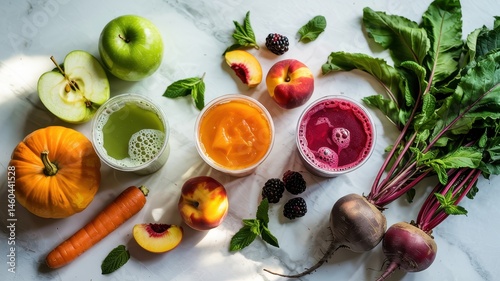 Fresh fruit and juice flat lay with pumpkin, peach, carrot and berries